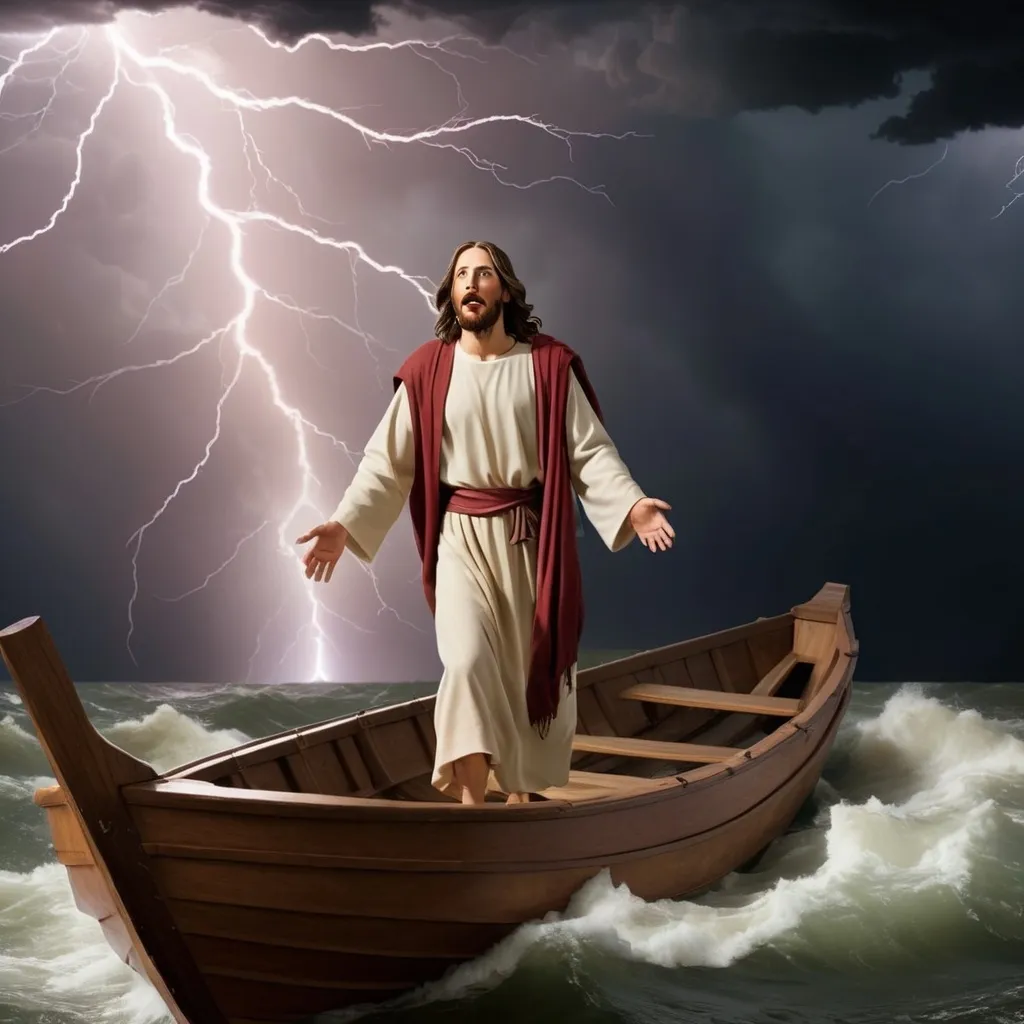 Prompt: Jesus walking on water in a storm surrounded by lightning and thunder. The disciples are in the boat huddled in fear and trepidation at the sight of Jesus in the storm. 