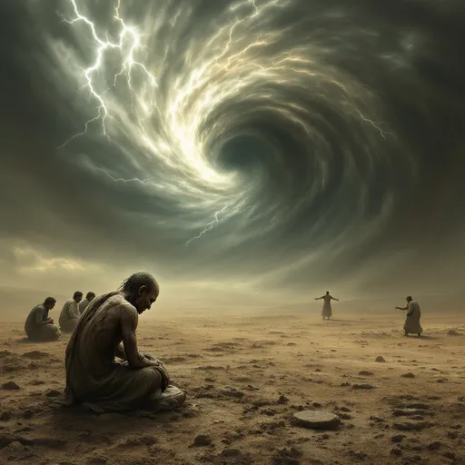 Prompt: Job’s discourse with God. God appears as a whirlwind to Job. The air is heavy with the presence of divine mystery and revelation. God’s light is veiled within the mighty whirlwind that is near Job. Job sits in the dirt destitute and covered in sores. His three friends sit next to him and cower at the sight of the whirlwind that talks. The landscape is heavy with the presence of God with lightning and mysterious cloud formations illuminated by the glory of God. A sense of timelessness. A sense of divine timing and glorious fulfilment. 