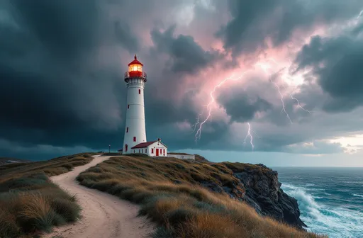Prompt: Beneath a dramatic sky charged with turbulent clouds and vibrant streaks of lightning, a tall, white lighthouse stands resolutely on the edge of a grassy hill, its red accents brilliantly contrasting against the moody palette. The weather appears unsettled, with hints of stormy rain in the background, while soft pinks and blues peek through the ominous dark clouds, creating a surreal atmosphere. A winding sandy path meanders toward the lighthouse, inviting onlookers to explore, while a solitary light post adds a touch of calm amid the tempestuous setting. The entire scene evokes a sense of isolation and awe, capturing the power of nature juxtaposed with the steadfastness of human engineering. A storm tossed sea can be seen where the cliff face drops to reveal the tumultuous waves.