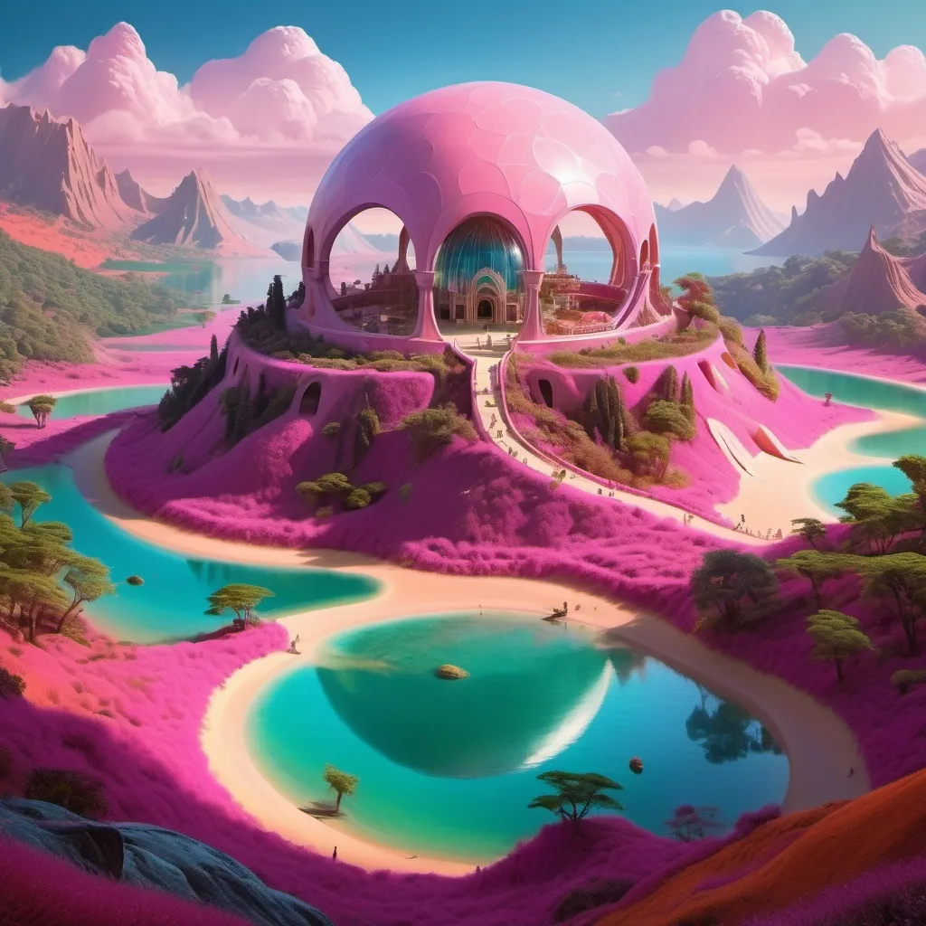 Prompt: A surreal and vividly imaginative landscape unfolds, featuring a colossal dome encasing a miniature, verdant mountain surrounded by lush trees and a winding path, set against a backdrop of strikingly colorful, alien terrain. This enclosed paradise sits within a vivid, pink-hued lake, contrasting sharply with the rich, orange sands of the surrounding landscape, which is dotted with jagged rock formations that stretch towards an atmospheric horizon filled with billowing clouds. The otherworldly environment is further enhanced by additional smaller domes, hinting at potential human habitation or exploration in this fantastical setting. The overall composition merges a dreamlike quality with rich colors and unusual forms, evoking a sense of wonder and curiosity about life and landscapes beyond Earth. The home planet of God.