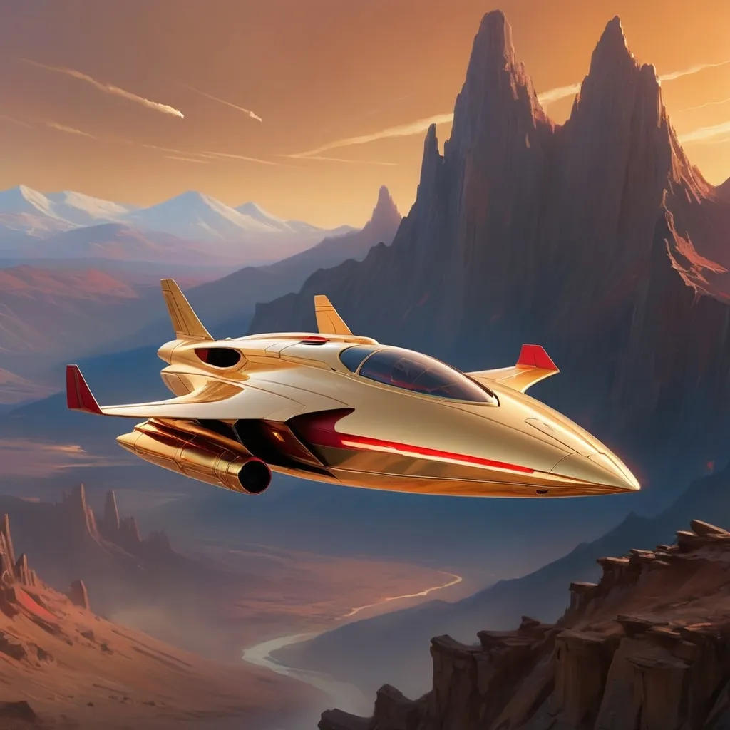 Prompt: Soaring through a breathtaking golden-hued atmosphere, a sleek spaceship jetstreams against a backdrop of rugged, mountainous terrain bathed in warm light. The craft features a streamlined design with a metallic sheen, highlighted by striking red accents and glowing exhaust ports that emit fiery trails, indicating powerful propulsion. Below, faint silhouettes of clustered structures hint at a distant settlement, shrouded in the soft glow of twilight. The composition captures a sense of adventure and exploration, evoking both the wonder of space travel and the raw beauty of an alien landscape, as the ship ascends into the vast unknown.