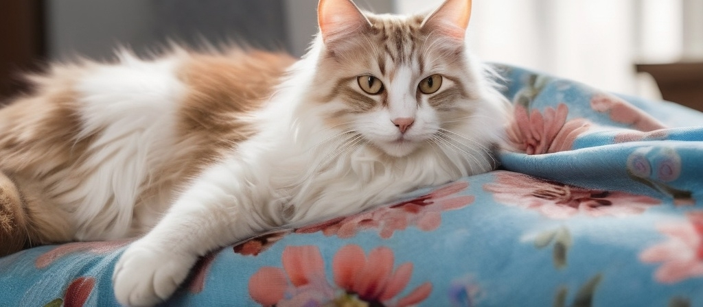 Prompt: Reclining lazily among a cozy array of textured blankets and floral-patterned bedding, a fluffy cat lies on its back, exuding a relaxed charm. Its fur displays a striking mix of white and brown, while its bright eyes reflect a calm curiosity. Bathed in soft, diffused daylight filtering through the nearby window, the scene conveys a sense of warmth and comfort. The cat’s playful pose, with paws slightly extended and a gentle gaze, suggests an atmosphere of tranquility and contentment, inviting observers to share in this serene moment of feline leisure. The arrangement of fabrics adds a homely touch, enhancing the overall feeling of coziness.