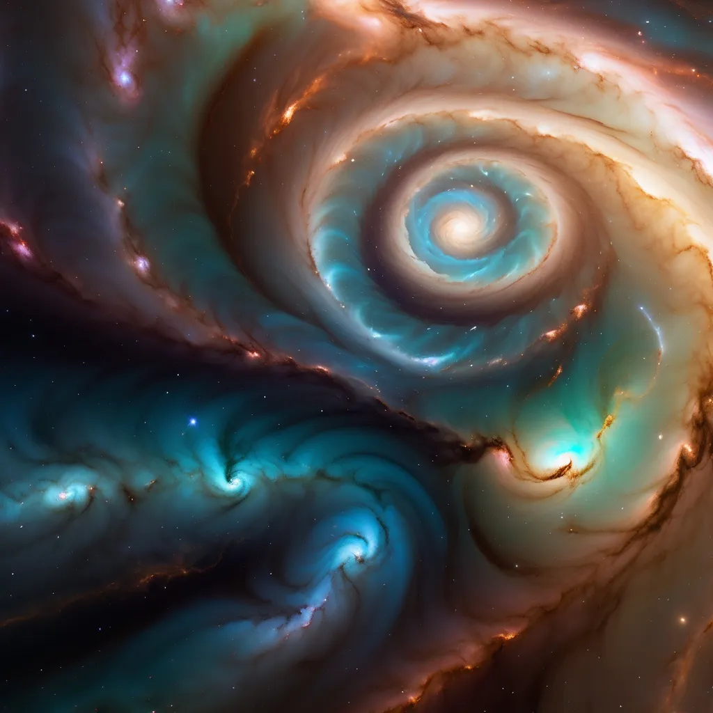 Prompt: A mesmerizing swirl of cosmic colors draws the eye inward, evoking the grandeur of a distant galaxy. The spiral pattern, reminiscent of a galaxy's core, features rich browns, soft creams, and hints of teal, blending seamlessly to create a captivating depth. Striking bolts of lightning flash across the scene, adding an electric energy to the tranquil beauty of the swirling clouds. The overall atmosphere carries a sense of awe and wonder, inviting viewers to contemplate the mysteries of the universe. This vivid, surreal depiction encapsulates the dynamic forces at play in the cosmos, transforming the infinite into a swirling dance of color and motion. A sleek and elegant spacecraft ascends soaring large and with silver colours and fast blue strobes. 