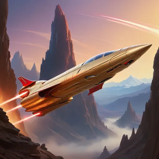 Prompt: Soaring through a breathtaking golden-hued atmosphere, a sleek spaceship jetstreams against a backdrop of rugged, mountainous terrain bathed in warm light. The craft features a streamlined design with a metallic sheen, highlighted by striking red accents and glowing exhaust ports that emit fiery trails, indicating powerful propulsion. Below, faint silhouettes of clustered structures hint at a distant settlement, shrouded in the soft glow of twilight. The composition captures a sense of adventure and exploration, evoking both the wonder of space travel and the raw beauty of an alien landscape, as the ship ascends into the vast unknown.