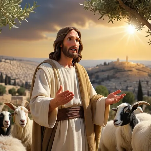 Prompt: Jesus teaching the sermon on the Mount. He stands enigmatically exuding the divine spirit placed upon him. Humble yet divine. The Son of God personified. Jesus is surrounded by people. A crowd of people who are listening to his sermon. The scenery is amazing. It is a rugged rural landscape of Jerusalem where Jesus stands on top of the Mount. The scene is set near Jesus. The City of Jerusalem at the time of Jesus is in the background. Olive trees grow on the Mount. And one goat and one sheep can be seen feeding. Jesus is wearing the garments of the day with a sash. The sun is setting and the sky is a golden sunset. 