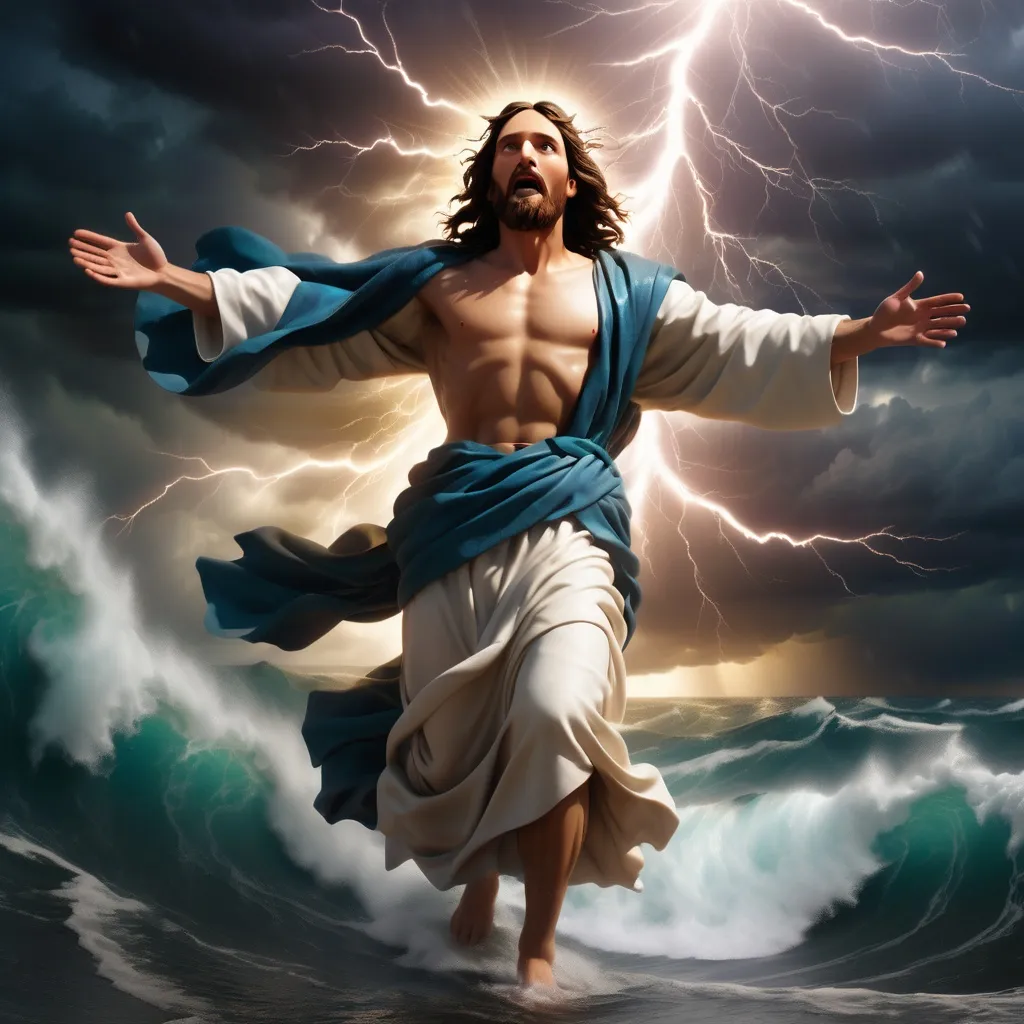 Prompt: Jesus walking on water in a storm surrounded by lightning and thunder. Jesus is transfigured in an awesome light. Waves are crashing against the shoreline. Jesus face is perfectly formed and calm. The storm is vivid and strong. The sky dark and enigmatic. 