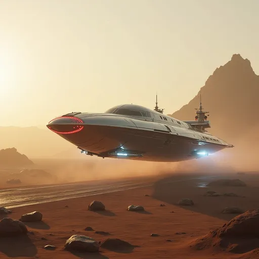 Prompt: Amidst a barren landscape dotted with rocky formations, a sleek, futuristic freighter spaceship glides gracefully to land on the landing pad of a future space port. The spaceship lands slowly through the soft hues of a dusty atmosphere, illuminated by the warm light of an unseen sun. Its metallic surface, accented by glowing red and white lights, reflects a precision-engineered design, suggesting advanced technology and power. The ship's back end and under belly has landing thrusters that emit brilliant blue hues creating a striking contrast against the muted earthy tones surrounding it. In the background, a distant mountainous silhouette looms, hinting at an otherworldly terrain that enhances the sense of exploration and adventure inherent in the scene. This captivating image exudes a mood of mystery and innovation, inviting viewers to imagine the stories unfolding in such an uncharted realm.