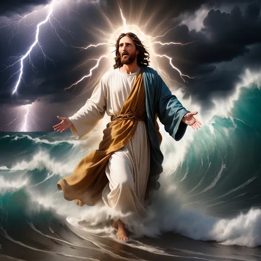 Prompt: Jesus walking on water in a storm surrounded by lightning and thunder. Jesus is transfigured in an awesome light. Waves are crashing against the shoreline. Jesus face is well formed and calm. 