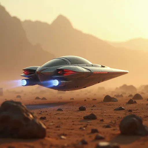 Prompt: Amidst a barren landscape dotted with rocky formations, a sleek, futuristic spaceship glides gracefully through the soft hues of a dusty atmosphere, illuminated by the warm light of an unseen sun. Its metallic surface, accented by glowing red and white lights, reflects a precision-engineered design, suggesting advanced technology and power. The ship's back end has thrusters that emit brilliant blue flames, creating a striking contrast against the muted earthy tones surrounding it. In the background, a distant mountainous silhouette looms, hinting at an otherworldly terrain that enhances the sense of exploration and adventure inherent in the scene. This captivating image exudes a mood of mystery and innovation, inviting viewers to imagine the stories unfolding in such an uncharted realm.