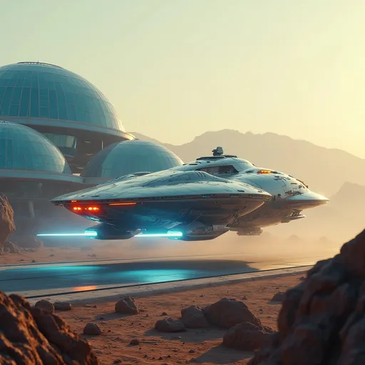 Prompt: Amidst a space port landscape dotted with rocky formations, a sleek, futuristic freighter spaceship glides gracefully to land on the landing pad of a big futuristic space port. The space port is a dazzling shade of blue and white and is made up of brightly lit domed glass structures that exude technical prowess and bright strip lighting. The spaceship lands slowly through the soft hues of a dusty atmosphere, illuminated by the warm light of an unseen sun. Its metallic surface, accented by glowing red and white lights, reflects a precision-engineered design, suggesting advanced technology and power. The ship's back end and under belly has landing thrusters that emit brilliant blue hues creating a striking contrast against the muted earthy tones surrounding it. In the background, a distant mountainous silhouette looms, hinting at an otherworldly terrain that enhances the sense of exploration and adventure inherent in the scene. This captivating image exudes a mood of mystery and innovation, inviting viewers to imagine the stories unfolding in such an uncharted realm.