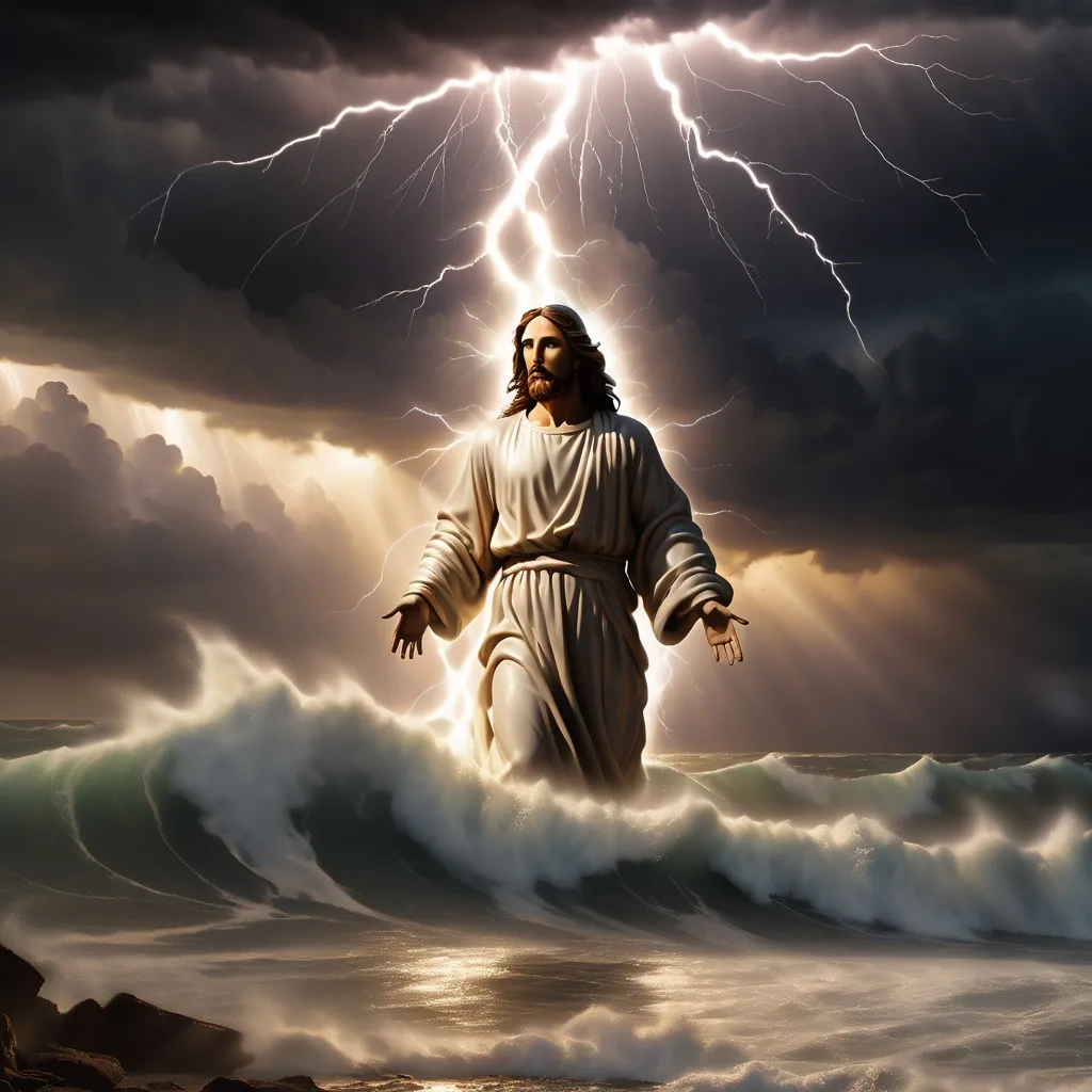 Prompt: Jesus is clothed and on the horizon as a figure in the distance a mile away and walking on water in a storm surrounded by lightning and thunder. He is transfigured in an awesome light. Waves are crashing against the shoreline in the foreground. Jesus face is perfectly formed and calm and etched in light and shadow. The storm is vivid and strong. The sky dark and enigmatic with waves of iridescent lightning. 