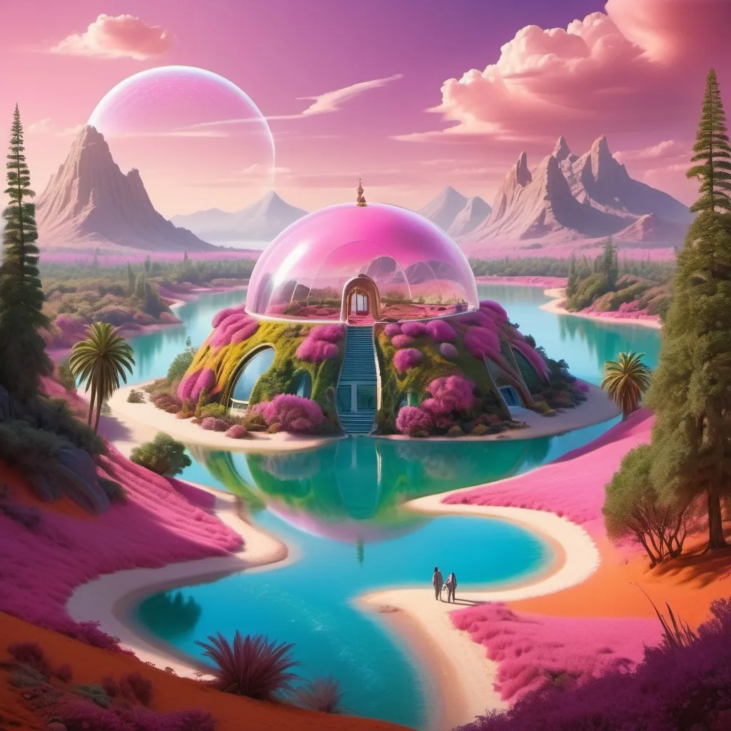 Prompt: A surreal and vividly imaginative landscape unfolds, featuring a colossal dome encasing a miniature, verdant mountain surrounded by lush trees and a winding path, set against a backdrop of strikingly colorful, alien terrain. This enclosed paradise sits within a vivid, pink-hued lake, contrasting sharply with the rich, orange sands of the surrounding landscape, which is dotted with jagged rock formations that stretch towards an atmospheric horizon filled with billowing clouds. The otherworldly environment is further enhanced by additional smaller domes, hinting at potential human habitation or exploration in this fantastical setting. The overall composition merges a dreamlike quality with rich colors and unusual forms, evoking a sense of wonder and curiosity about life and landscapes beyond Earth.