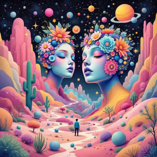Prompt: Bursting with vibrant colors and surreal shapes, this imaginative illustration features abstract, oversized heads adorned with cosmic elements and floral motifs, blending human features with a dreamlike quality. A solitary figure stands amidst a landscape filled with geometric shapes, colorful spheres, and a whimsical terrain that suggests a fusion of nature and the cosmos. The scene is set in an otherworldly environment, where bright pastels contrast against darker cosmic hues, creating a captivating visual narrative. The interplay of forms and colors evokes a sense of contemplation and wonder, hinting at themes of identity, consciousness, and the universe's mysteries. The overall composition conveys a vibrant yet introspective mood, inviting the viewer to explore the depths of imagination.