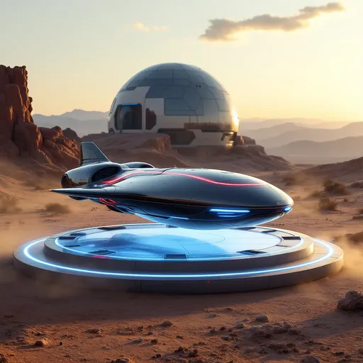 Prompt: A sleek, futuristic spacecraft hovers just above a round illuminated concrete pad in a rugged desert landscape, illuminated by the soft glow of the setting sun. The ship’s smooth, metallic surface is accentuated by glowing red lines and vibrant blue thrusters that emit a bluish light, suggesting advanced technology. In the background, a large, dome-shaped structure with transparent panels and blue accents stands against a tapestry of distant mountains, hinting at human presence and architectural ingenuity on this alien terrain. The warm, golden hues of the sunset contrast with the cool colors of the spacecraft, creating a captivating visual narrative that evokes a sense of exploration and discovery in an otherworldly setting. Dust rises gently from the ground, adding a dynamic element to the serene yet futuristic ambiance.