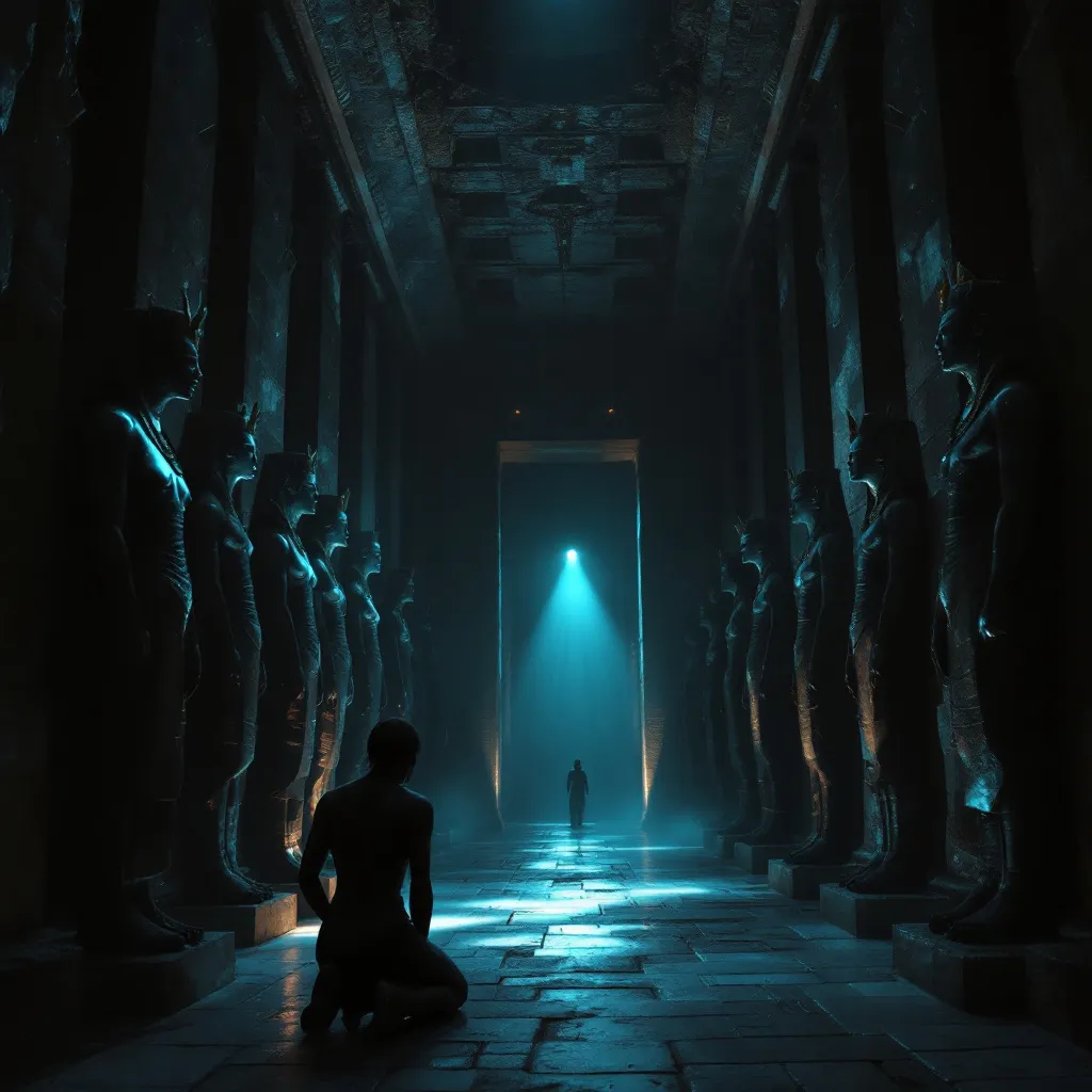 Prompt: In the halls of Amenti beneath the Pyramids of Giza, a hallowed hall filled with Figures on either side in blue and black obsidian. The hallway is ancient and is filled with a dusty twilight and divine light. The figures have an otherworldly feel as if speaking of Mars and Sirius. God like figures some are kneeling and some are resplendent as if in acknowledgement of the divine presence before them. 