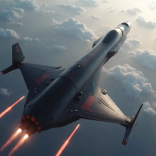 Prompt: Soaring above a sea of soft distant red landscape of Mars, a sleek, modern spacecraft propels forward with brilliant engine flames streaming behind it, illuminating the atmosphere with a fiery glow. The vessel features a streamlined, aerodynamic design, marked by sharp angles and a polished, metallic surface that reflects the ambient light of the sky. With its jet-black body contrasting against the pale red hues of Mars planet around it, the scene captures a sense of adventure and technological prowess. The upward angle enhances the feeling of ascent, lending a dynamic perspective, as the ship's sturdy wings and vibrant red accents stand out boldly. This moment conveys an exhilarating narrative of exploration and breakthrough, inviting imaginations to soar alongside it.