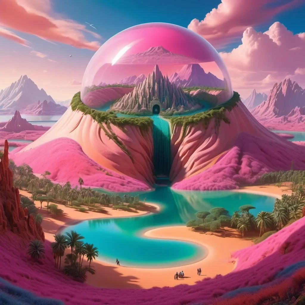 Prompt: A surreal and vividly imaginative landscape unfolds, featuring a colossal dome encasing a miniature, verdant mountain surrounded by lush trees and a winding path, set against a backdrop of strikingly colorful, alien terrain. This enclosed paradise sits within a vivid, pink-hued lake, contrasting sharply with the rich, orange sands of the surrounding landscape, which is dotted with jagged rock formations that stretch towards an atmospheric horizon filled with billowing clouds. The otherworldly environment is further enhanced by additional smaller domes, hinting at potential human habitation or exploration in this fantastical setting. The overall composition merges a dreamlike quality with rich colors and unusual forms, evoking a sense of wonder and curiosity about life and landscapes beyond Earth. The home planet of God.