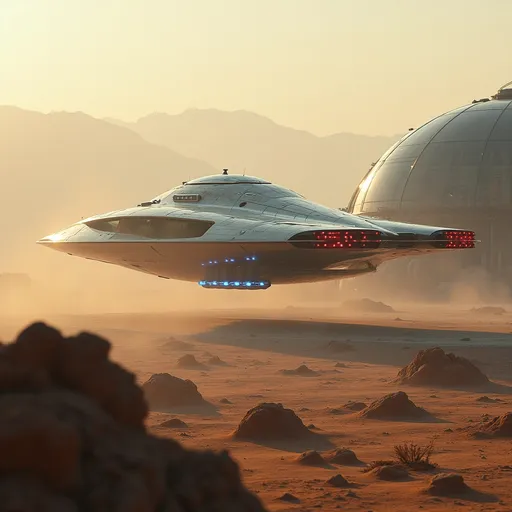 Prompt: Amidst a space port landscape dotted with rocky formations, a sleek, futuristic freighter spaceship glides gracefully to land on the landing pad of a big futuristic space port. The space port is made up of domed glass structures that exude technical prowess. The spaceship lands slowly through the soft hues of a dusty atmosphere, illuminated by the warm light of an unseen sun. Its metallic surface, accented by glowing red and white lights, reflects a precision-engineered design, suggesting advanced technology and power. The ship's back end and under belly has landing thrusters that emit brilliant blue hues creating a striking contrast against the muted earthy tones surrounding it. In the background, a distant mountainous silhouette looms, hinting at an otherworldly terrain that enhances the sense of exploration and adventure inherent in the scene. This captivating image exudes a mood of mystery and innovation, inviting viewers to imagine the stories unfolding in such an uncharted realm.