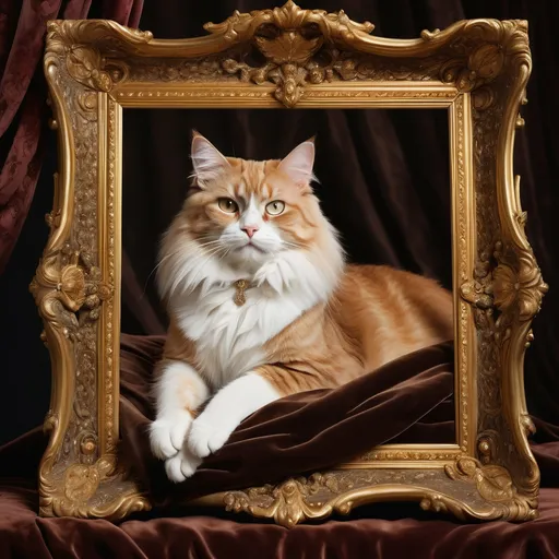Prompt: A regal cat lounges elegantly atop a rich, ornate golden frame that contrasts beautifully with its luxurious fur, a blend of dark brown and white. Its intelligent, amber eyes gaze directly at the viewer, exuding curiosity and confidence, while its relaxed posture showcases one paw delicately draped over the edge. In the background, soft, ethereal portraits of figures create a serene yet slightly mysterious ambiance, hinting at a historic or artistic setting. The overall warmth of the color palette and soft lighting evokes a sense of calm and sophistication, capturing a moment that feels both timeless and intimate, as if the cat is the serene guardian of its artistic surroundings.