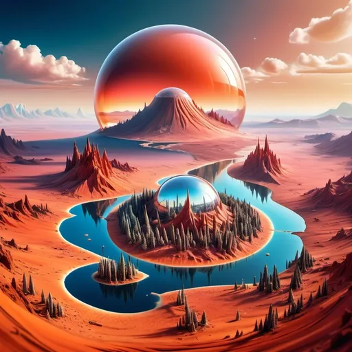 Prompt: aerial view, tilt-shift, isometric miniature world, detailed landscape Mars world render with futuristic glass domes filled with forests and lakes and futuristic twisted skyscrapers. Mount Mons the dormant volcano is part of this landscape with dramatic sky. Red and orange tones with blue sky. Dramatic Martian clouds with red and pink and rustic hues. Airy feel as Mars is being terraformed into a beautiful landscape. Airy and light with glass domes iridescent with refracted light from the sunset. In the foreground one domed city has a pine forest clearly visible.