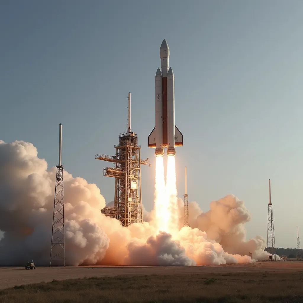 Prompt: A wide delta wing starship lifts off atop the heavy booster rocket from Space x facility. It’s important to emphasise the delta wing as wide enough to incorporate rocket engines outside of the heavy booster rocket hot staging area. 