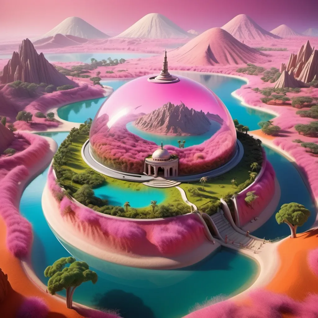 Prompt: A surreal and vividly imaginative landscape unfolds, featuring a colossal dome encasing a miniature, verdant mountain surrounded by lush trees and a winding path, set against a backdrop of strikingly colorful, alien terrain. This enclosed paradise sits within a vivid, pink-hued lake, contrasting sharply with the rich, orange sands of the surrounding landscape, which is dotted with jagged rock formations that stretch towards an atmospheric horizon filled with billowing clouds. The otherworldly environment is further enhanced by additional smaller domes, hinting at potential human habitation or exploration in this fantastical setting. The overall composition merges a dreamlike quality with rich colors and unusual forms, evoking a sense of wonder and curiosity about life and landscapes beyond Earth. The home planet of God.