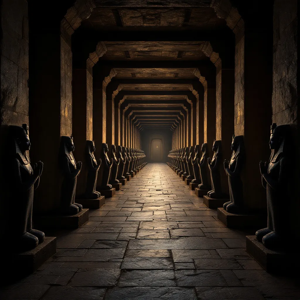 Prompt: In the halls of Amenti beneath the Pyramids of Giza, a hallowed hall filled with statues on either side in blue and black obsidian. The hallway is ancient and is filled with a dusty twilight and divine light. The Egyptian statues have an otherworldly feel as if speaking of Mars and Sirius. God like statues- some are kneeling and some are resplendent as if in acknowledgement of the divine presence before them. 