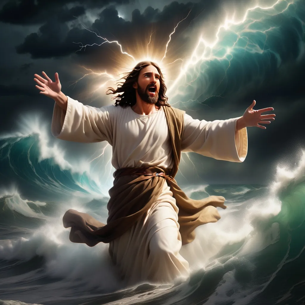 Prompt: Jesus walking on water in a storm surrounded by lightning and thunder. Jesus is transfigured in an awesome light. Waves are crashing against the shoreline. Jesus face is perfectly formed and calm. The storm is vivid and strong. The sky dark and enigmatic. 