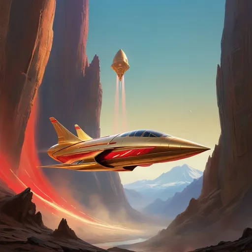 Prompt: Soaring through a breathtaking golden-hued atmosphere, a sleek spaceship jetstreams against a backdrop of rugged, mountainous terrain bathed in warm light. The craft features a streamlined design with a metallic sheen, highlighted by striking red accents and glowing exhaust ports that emit fiery trails, indicating powerful propulsion. Below, faint silhouettes of clustered structures hint at a distant settlement, shrouded in the soft glow of twilight. The composition captures a sense of adventure and exploration, evoking both the wonder of space travel and the raw beauty of an alien landscape, as the ship ascends into the vast unknown.