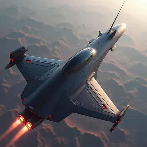 Prompt: Soaring above a sea of soft distant red mountainous landscape of Mars, a sleek, modern spacecraft propels forward with brilliant engine flames streaming behind it, illuminating the atmosphere with a fiery glow. The vessel features a streamlined, aerodynamic design, marked by sharp angles and a polished, metallic surface that reflects the ambient light of the sky. With its jet-black body contrasting against the pale red hues of Mars planet around it, the scene captures a sense of adventure and technological prowess. The upward angle enhances the feeling of ascent, lending a dynamic perspective, as the ship's sturdy wings and vibrant red accents stand out boldly. This moment conveys an exhilarating narrative of exploration and breakthrough, inviting imaginations to soar alongside it.