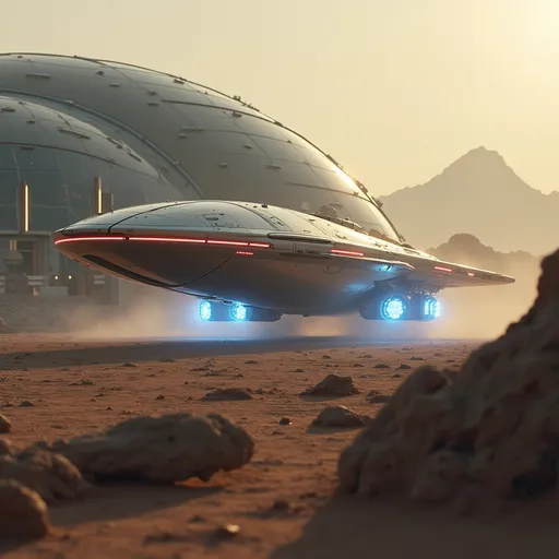 Prompt: Amidst a space port landscape dotted with rocky formations, a sleek, futuristic freighter spaceship glides gracefully to land on the landing pad of a big futuristic space port. The space port is made up of domed glass structures that exude technical prowess and strip lighting. The spaceship lands slowly through the soft hues of a dusty atmosphere, illuminated by the warm light of an unseen sun. Its metallic surface, accented by glowing red and white lights, reflects a precision-engineered design, suggesting advanced technology and power. The ship's back end and under belly has landing thrusters that emit brilliant blue hues creating a striking contrast against the muted earthy tones surrounding it. In the background, a distant mountainous silhouette looms, hinting at an otherworldly terrain that enhances the sense of exploration and adventure inherent in the scene. This captivating image exudes a mood of mystery and innovation, inviting viewers to imagine the stories unfolding in such an uncharted realm.