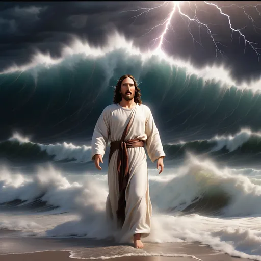 Prompt: Jesus is clothed and on the horizon as a figure in the distance a mile away and walking on water in a storm surrounded by lightning and thunder. He is transfigured in an awesome light. Waves are crashing against the shoreline in the foreground. Jesus face is perfectly formed and calm and etched in light and shadow. The storm is vivid and strong. The sky dark and enigmatic with waves of iridescent lightning. 