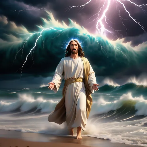 Prompt: Jesus is clothed and on the horizon as a figure in the distance a mile away and walking on water in a storm surrounded by lightning and thunder. He is transfigured in an awesome light. Waves are crashing against the shoreline in the foreground. Jesus face is perfectly formed and calm. The storm is vivid and strong. The sky dark and enigmatic with waves of iridescent lightning. 