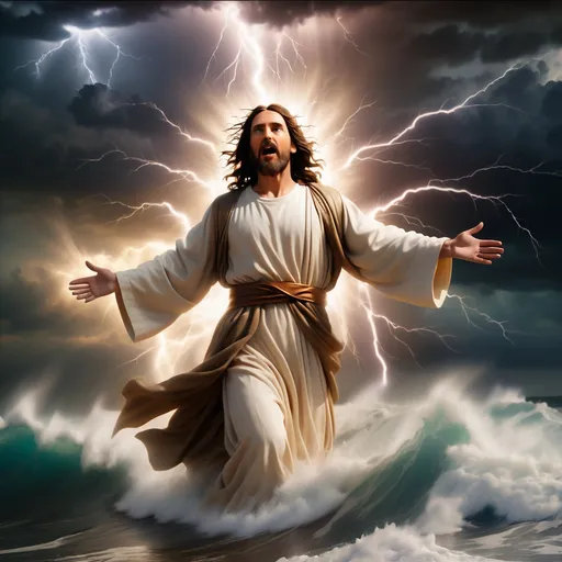 Prompt: Jesus walking on water in a storm surrounded by lightning and thunder. Jesus is transfigured in an awesome light. Waves are crashing against the shoreline. Jesus face is well formed and calm. 