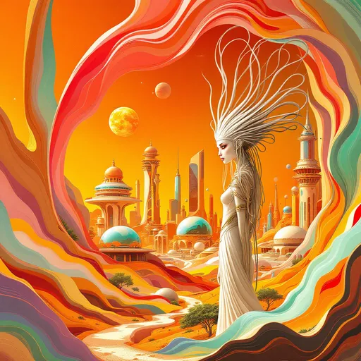 Prompt: A surreal landscape on Mars unfolds in shades of orange and red, depicting a futuristic scene filled with various architectural marvels, such as futuristic glass domed cities filled with twisted skyscrapers that rise against a vibrant sky. The glass domes shine with radiance as they cover the cities completely in their own ecosystem. In the foreground, a stylized white humanoid in an Egyptian style with an emotional expression stands, characterized by flowing lines and a unique hairstyle that resembles strands of abstract art. Wisps of colorful waves sweep across the composition, suggesting movement and dynamism while framing the figure's pensive gaze. The overall style evokes a blend of dreamy abstraction and sci-fi aesthetics, inviting a sense of wonder and intrigue about this imaginative world. The mood is both contemplative and adventurous, hinting at the exploration of uncharted realms.