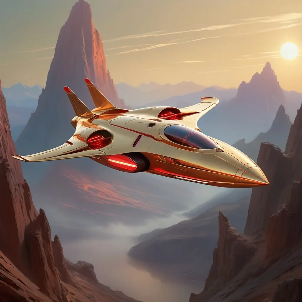 Prompt: Soaring through a breathtaking golden-hued atmosphere, a sleek spaceship jetstreams against a backdrop of rugged, mountainous terrain bathed in warm light. The craft features a streamlined design with a metallic sheen, highlighted by striking red accents and glowing exhaust ports that emit fiery trails, indicating powerful propulsion. Below, faint silhouettes of clustered structures hint at a distant settlement, shrouded in the soft glow of twilight. The composition captures a sense of adventure and exploration, evoking both the wonder of space travel and the raw beauty of an alien landscape, as the ship ascends into the vast unknown.