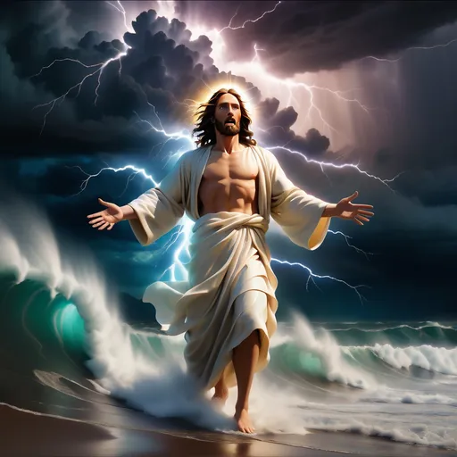 Prompt: Jesus is clothed and on the horizon as a figure in the distance a mile away and walking on water in a storm surrounded by lightning and thunder. He is transfigured in an awesome light. Waves are crashing against the shoreline in the foreground. Jesus face is perfectly formed and calm. The storm is vivid and strong. The sky dark and enigmatic with waves of iridescent lightning. 