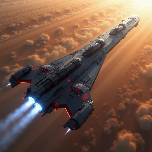 Prompt: Soaring above the atmosphere of the gas planet Jupiter, a sea of sharply contrasting ribboned colours swirling rapidly in vortex’s as the atmosphere of Jupiter conveys a strata of thunderous ribboned clouds of various yellow and orange and brown colours appropriate to Jupiter, a very long, yet broad bodied modern spacecraft freighter full of goods, propels forward with brilliant blue white engine exhaust streaming from behind it, illuminating the atmosphere behind the craft with a blue glow. The giant vessel features a long cargo bay hold as it is an inter planetary freighter carrying a large amount of cargo. Its size is gigantic and stretches off into the distance. The hull is stretching away yet fairly streamlined, aerodynamic design, marked by sharp angles and a polished, metallic surface that reflects the ambient light of the sky. With its jet-black body contrasting against the ribboned clouds of Jupiter’s atmosphere around it, the scene captures a sense of adventure and technological prowess. The upward angle enhances the feeling of ascent, lending a dynamic perspective, as the ship's sturdy length and vibrant red accents stand out boldly. This moment conveys an exhilarating narrative of exploration and breakthrough, inviting imaginations to soar alongside it.