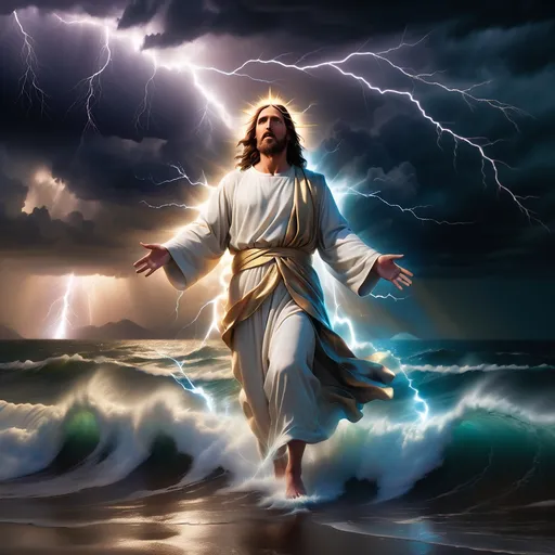 Prompt: Jesus is fully clothed and on the horizon in the distance walking on water in a storm surrounded by lightning and thunder. He is transfigured in an awesome light. Waves are crashing against the shoreline in the foreground. Jesus face is perfectly formed and calm. The storm is vivid and strong. The sky dark and enigmatic with waves of iridescent lightning. 