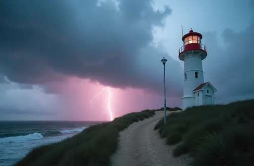 Prompt: Beneath a dramatic sky charged with turbulent clouds and vibrant streaks of lightning, a tall, white lighthouse stands resolutely on the edge of a grassy hill, its red accents brilliantly contrasting against the moody palette. The weather appears unsettled, with hints of stormy rain in the background, while soft pinks and blues peek through the ominous dark clouds, creating a surreal atmosphere. A winding sandy path meanders toward the lighthouse, inviting onlookers to explore, while a solitary light post adds a touch of calm amid the tempestuous setting. The entire scene evokes a sense of isolation and awe, capturing the power of nature juxtaposed with the steadfastness of human engineering. A storm tossed sea can be seen where the cliff face drops to reveal the tumultuous waves.