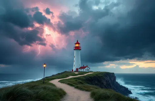 Prompt: Beneath a dramatic sky charged with turbulent clouds and vibrant streaks of lightning, a tall, white lighthouse stands resolutely on the edge of a grassy hill, its red accents brilliantly contrasting against the moody palette. The weather appears unsettled, with hints of stormy rain in the background, while soft pinks and blues peek through the ominous dark clouds, creating a surreal atmosphere. A winding sandy path meanders toward the lighthouse, inviting onlookers to explore, while a solitary light post adds a touch of calm amid the tempestuous setting. The entire scene evokes a sense of isolation and awe, capturing the power of nature juxtaposed with the steadfastness of human engineering. A storm tossed sea can be seen where the cliff face drops to reveal the tumultuous waves.