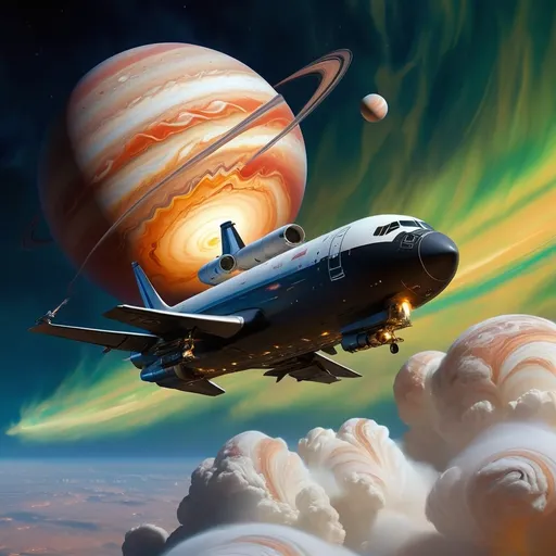Prompt: Flying close to the rotating atmosphere of the gas planet Jupiter, a sea of sharply contrasting ribboned colours swirling rapidly in vortex’s with lightning and giant thunderclouds with thunderstorms as the atmosphere of Jupiter conveys a strata of thunderous and lightning lit ribboned clouds of various colours sharply defined as yellow, blue green and orange and brown colours appropriate to Jupiter, a very long, yet broad bodied modern spacecraft freighter full of goods, propels forward with brilliant blue white engine exhaust illuminating the atmosphere behind the craft with a blue glow. The giant vessel features a long cargo bay hold as it is an inter planetary freighter carrying a large amount of cargo. Its size is gigantic and stretches off into the distance. The hull is stretching away yet fairly streamlined, aerodynamic design, marked by sharp angles and a polished, metallic surface that reflects the ambient light of the sky. With its jet-black body contrasting against the ribboned clouds of Jupiter’s atmosphere around it, the scene captures a sense of adventure and technological prowess. The upward angle enhances the feeling of ascent, lending a dynamic perspective, as the ship's sturdy length and vibrant red accents stand out boldly. This moment conveys an exhilarating narrative of exploration and breakthrough, inviting imaginations to soar alongside it.