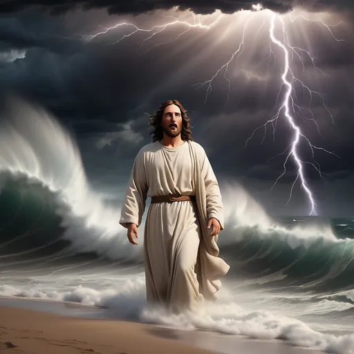 Prompt: Jesus is clothed and on the horizon as a figure in the distance a mile away and walking on water in a storm surrounded by lightning and thunder. He is transfigured in an awesome light. Waves are crashing against the shoreline in the foreground. Jesus face is perfectly formed and calm and etched in light and shadow. The storm is vivid and strong. The sky dark and enigmatic with waves of iridescent lightning. 
