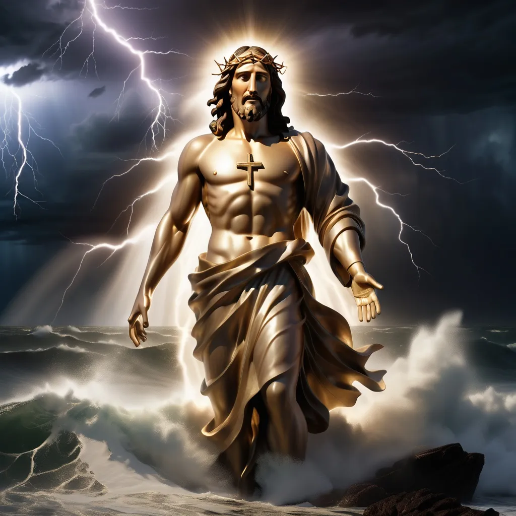 Prompt: Jesus is clothed and on the horizon as a figure in the distance a mile away and walking on water in a storm surrounded by lightning and thunder. He is transfigured in an awesome light. Waves are crashing against the shoreline in the foreground. Jesus face is perfectly formed and calm and etched in light and shadow. The storm is vivid and strong. The sky dark and enigmatic with waves of iridescent lightning. 