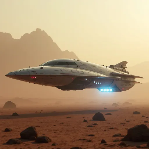 Prompt: Amidst a barren landscape dotted with rocky formations, a sleek, futuristic freighter spaceship glides gracefully to land on a space port. The spaceship lands slowly through the soft hues of a dusty atmosphere, illuminated by the warm light of an unseen sun. Its metallic surface, accented by glowing red and white lights, reflects a precision-engineered design, suggesting advanced technology and power. The ship's back end and under belly has landing thrusters that emit brilliant blue hues creating a striking contrast against the muted earthy tones surrounding it. In the background, a distant mountainous silhouette looms, hinting at an otherworldly terrain that enhances the sense of exploration and adventure inherent in the scene. This captivating image exudes a mood of mystery and innovation, inviting viewers to imagine the stories unfolding in such an uncharted realm.