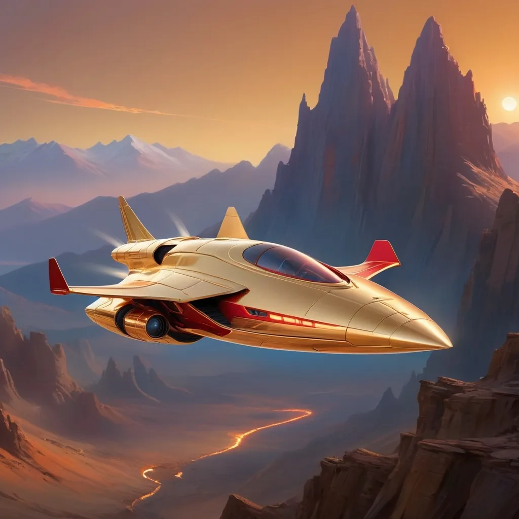 Prompt: Soaring through a breathtaking golden-hued atmosphere, a sleek spaceship jetstreams against a backdrop of rugged, mountainous terrain bathed in warm light. The craft features a streamlined design with a metallic sheen, highlighted by striking red accents and glowing exhaust ports that emit fiery trails, indicating powerful propulsion. Below, faint silhouettes of clustered structures hint at a distant settlement, shrouded in the soft glow of twilight. The composition captures a sense of adventure and exploration, evoking both the wonder of space travel and the raw beauty of an alien landscape, as the ship ascends into the vast unknown.