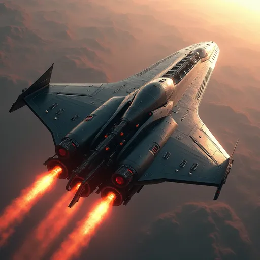 Prompt: Soaring above a glass domed city and a sea of soft distant red mountainous landscape and the extinct Mons volcano of Mars, a sleek, long, yet broad bodied modern spacecraft freighter propels forward with brilliant engine flames streaming behind it, illuminating the atmosphere with a fiery glow. The vessel features a long cargo bay freighter stretching away yet streamlined, aerodynamic design, marked by sharp angles and a polished, metallic surface that reflects the ambient light of the sky. With its jet-black body contrasting against the pale red hues of Mars planet around it, the scene captures a sense of adventure and technological prowess. The upward angle enhances the feeling of ascent, lending a dynamic perspective, as the ship's sturdy wings and vibrant red accents stand out boldly. This moment conveys an exhilarating narrative of exploration and breakthrough, inviting imaginations to soar alongside it.