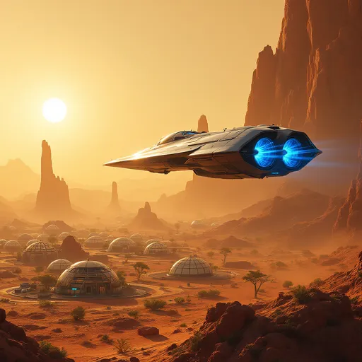 Prompt: Navigating through an ethereal landscape of Mars, a sleek freighter spacecraft with gleaming metallic surfaces and fierce blue fusion engine propels itself against a backdrop of golden hues cast by a low sun. The ship is given the impression of ascending above domed cities filled with vegetation and futuristic structures. The expansive terrain is dotted with towering rock formations that rise dramatically from the dusty ground, while the glass domed cities below hint at domed ecosystem technology. Blue engines at the back of  the spacecraft hints at dynamic motion and the thrill of exploration of the red planet. The composition evokes a sense of adventure and mystery, drawing the viewer into a narrative of space exploration and discovery amidst an alien environment.