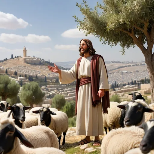 Prompt: Jesus teaching the sermon on the Mount. He stands enigmatically exuding the divine spirit placed upon him. Humble yet divine. The Son of God personified. He is surrounded by a crowd of people who are listening to his sermon. The scenery is amazing. It is a rugged rural landscape of Jerusalem where Jesus stands on top of the Mount. The scene is set near Jesus. The City of Jerusalem at the time of Jesus is in the background. Olive trees grow on the Mount. And some sheep can be seen and goats too feeding on the plants that grow in Israel. Jesus is wearing the garments of the day with a sash. 