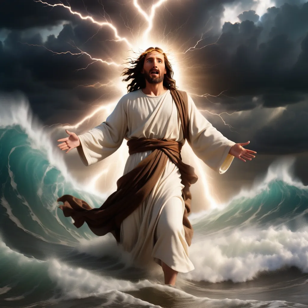 Prompt: Jesus walking on water in a storm surrounded by lightning and thunder. Jesus is transfigured in an awesome light. Waves are crashing against the shoreline. Jesus face is perfectly formed and calm. 
